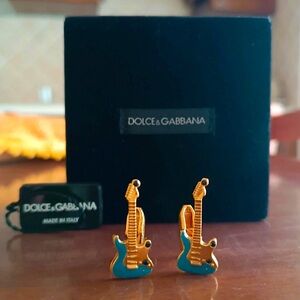 DOLCE & GABBANA Blue Enamel Cufflinks Gold Galvanized Metal Guitar Design NIB